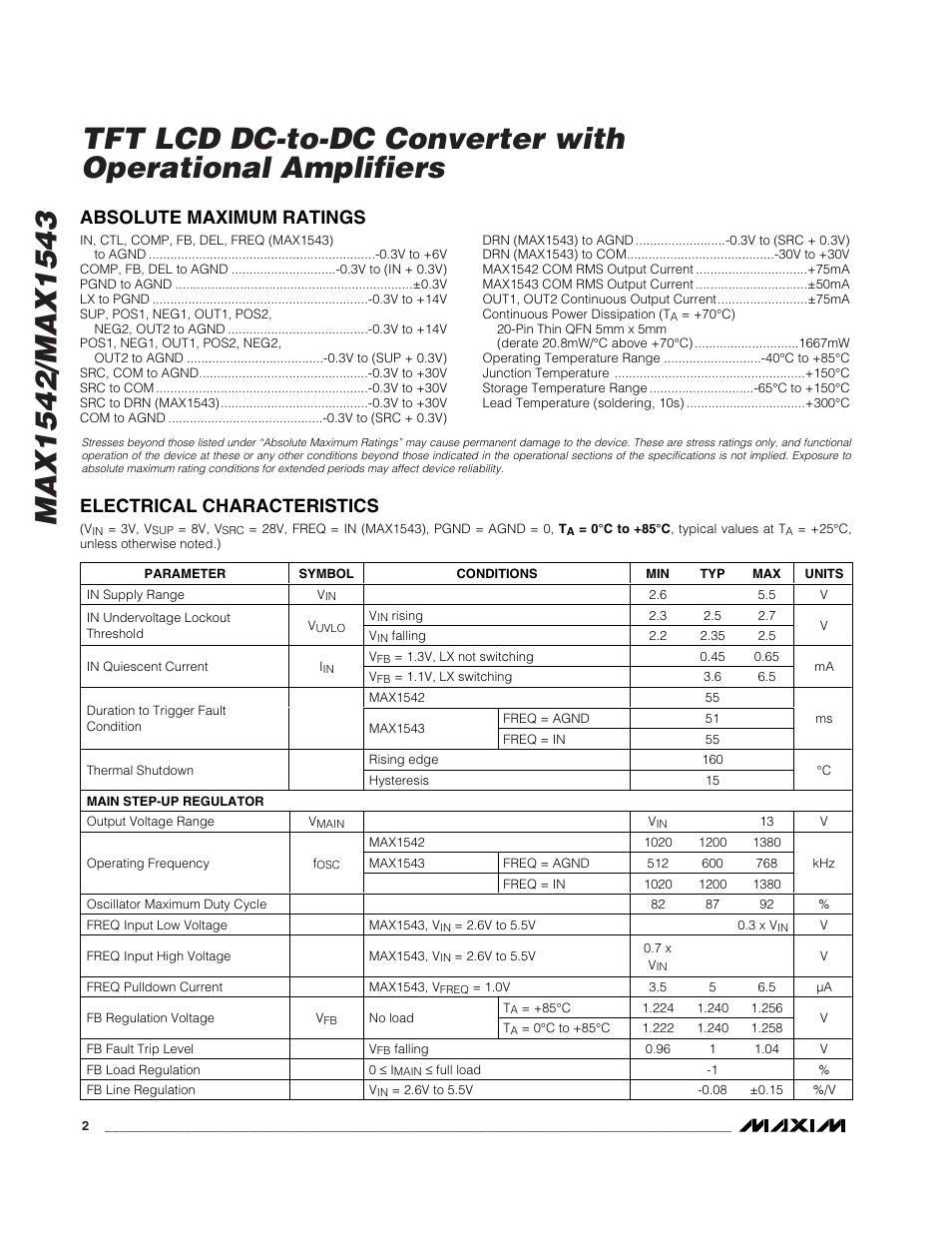 Absolute maximum ratings, Electrical characteristics | Rainbow Electronics MAX1543 User Manual | Page 2 / 20