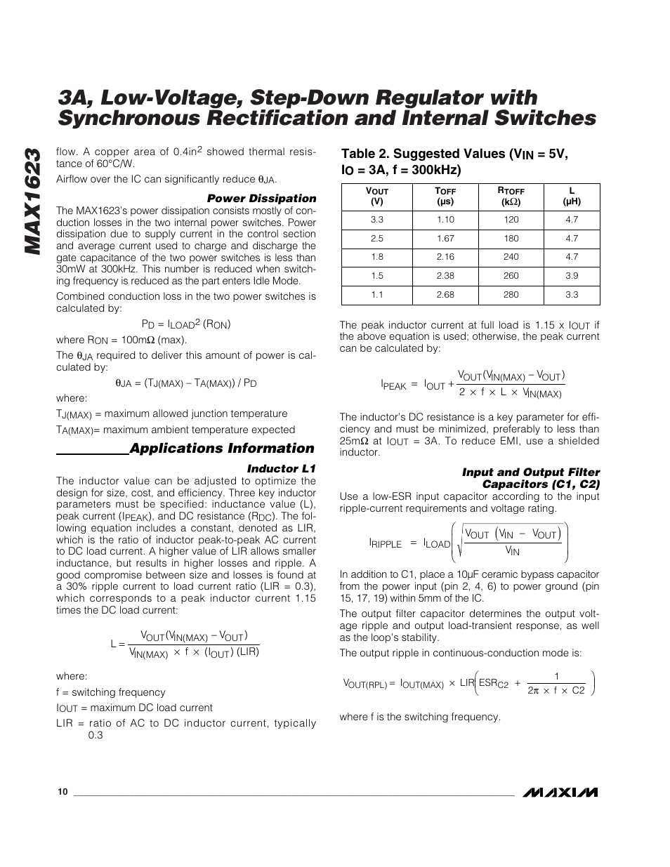 Applications information, Table 2. suggested values (v, 5v, i | 3a, f = 300khz) | Rainbow Electronics MAX1623 User Manual | Page 10 / 12