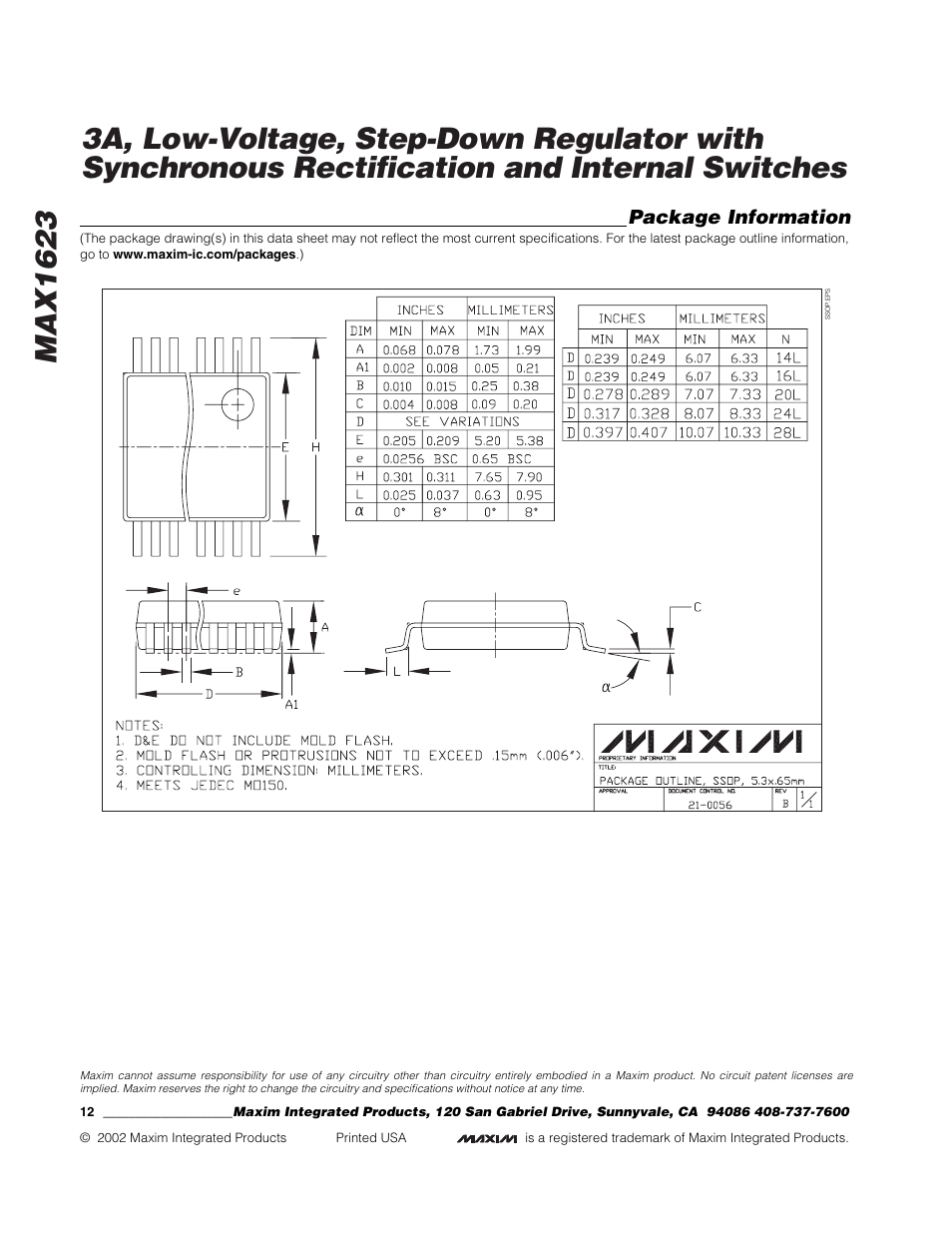 Package information | Rainbow Electronics MAX1623 User Manual | Page 12 / 12