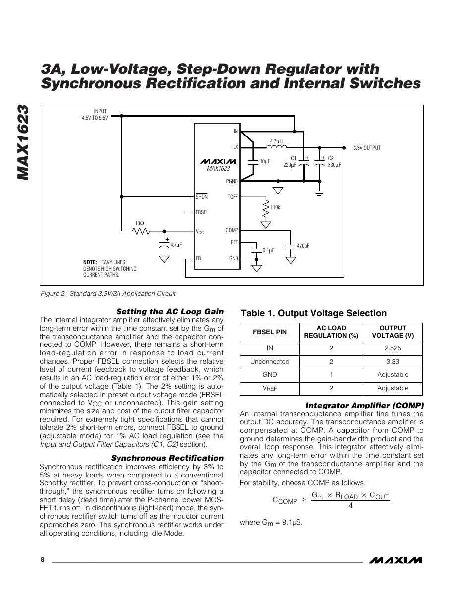 Table 1. output voltage selection | Rainbow Electronics MAX1623 User Manual | Page 8 / 12