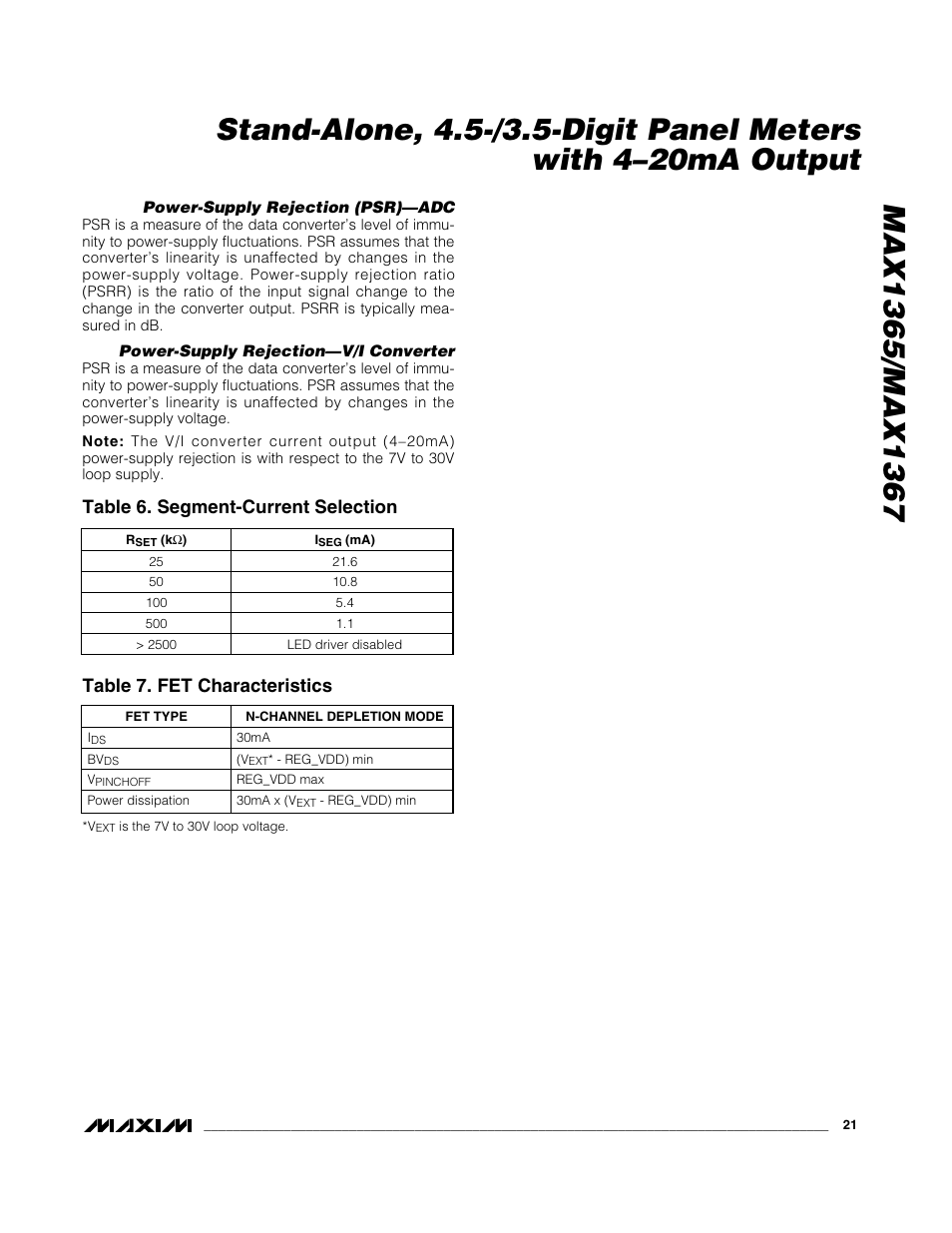 Table 6. segment-current selection, Table 7. fet characteristics | Rainbow Electronics MAX1367 User Manual | Page 21 / 25