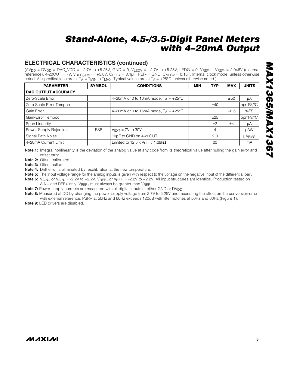 Electrical characteristics (continued) | Rainbow Electronics MAX1367 User Manual | Page 5 / 25