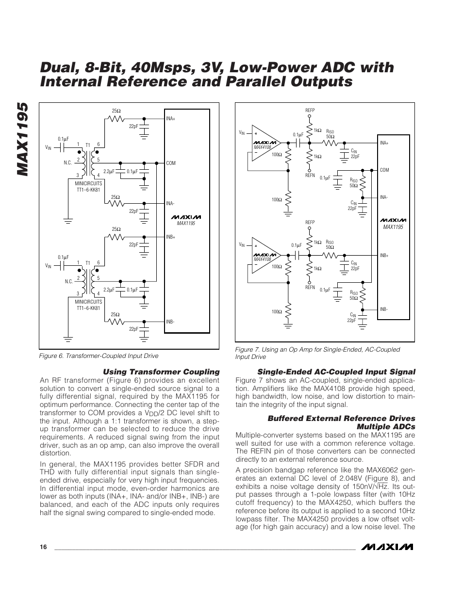 Max1195, Using transformer coupling, Single-ended ac-coupled input signal | Buffered external reference drives multiple adcs | Rainbow Electronics MAX1195 User Manual | Page 16 / 22