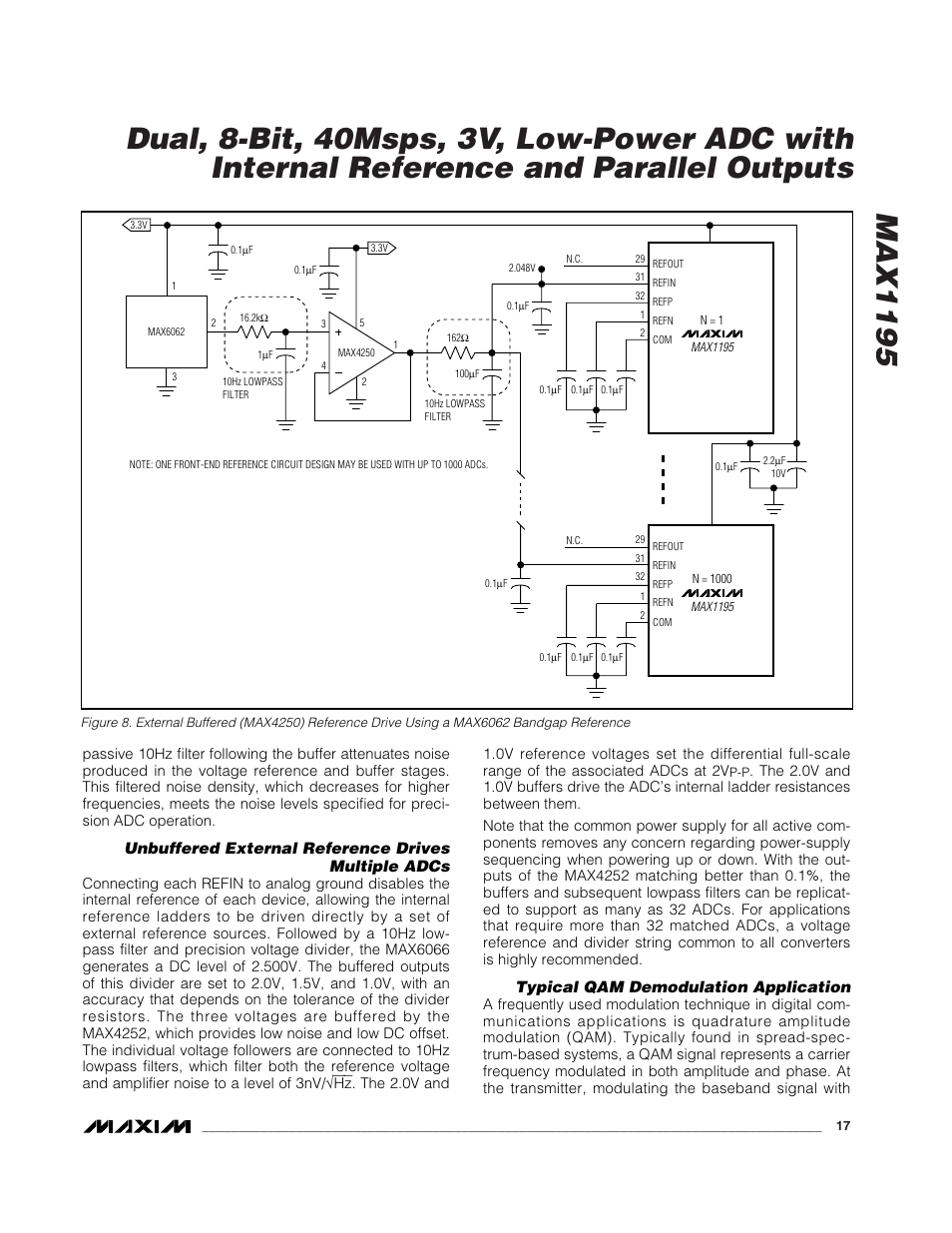 Unbuffered external reference drives multiple adcs, Typical qam demodulation application | Rainbow Electronics MAX1195 User Manual | Page 17 / 22