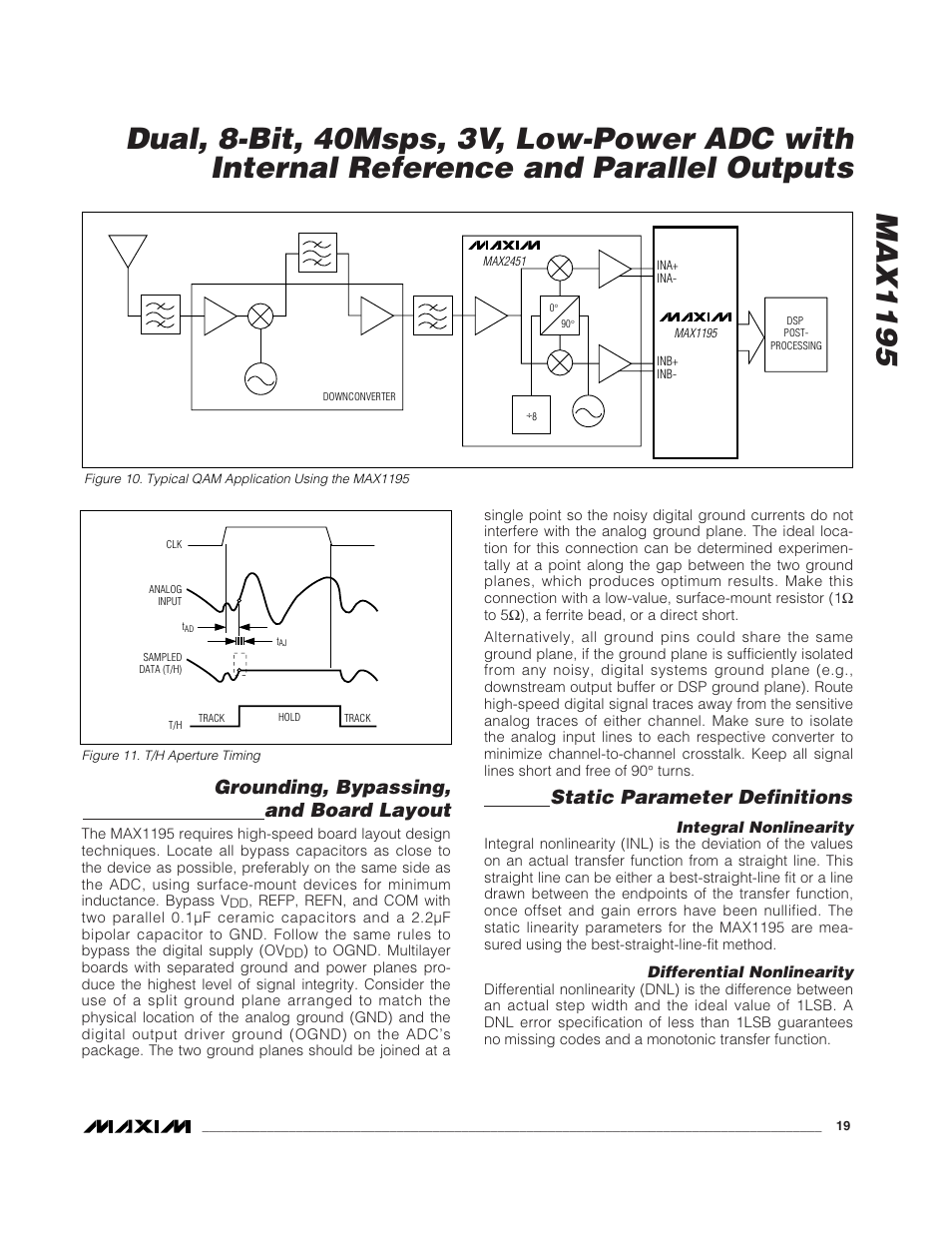 Grounding, bypassing, and board layout, Static parameter definitions | Rainbow Electronics MAX1195 User Manual | Page 19 / 22