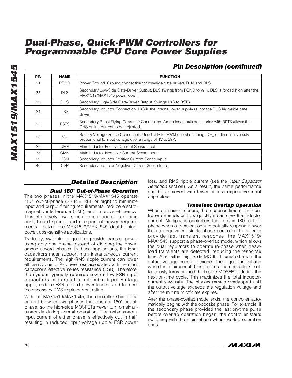 Detailed description, Pin description (continued) | Rainbow Electronics MAX1545 User Manual | Page 16 / 43
