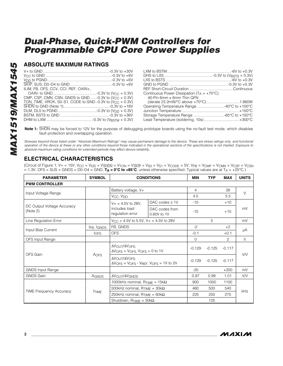 Absolute maximum ratings, Electrical characteristics | Rainbow Electronics MAX1545 User Manual | Page 2 / 43