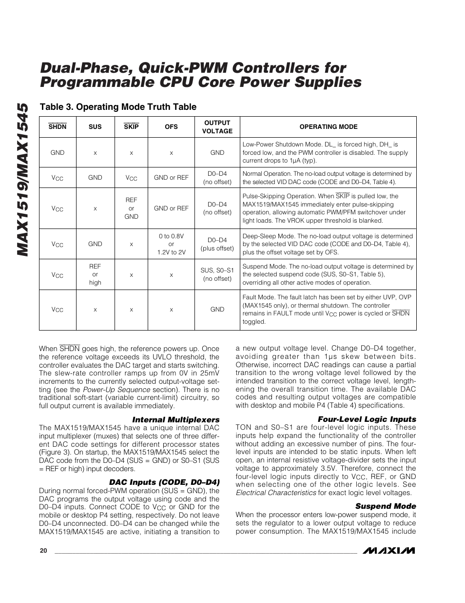 Table 3. operating mode truth table | Rainbow Electronics MAX1545 User Manual | Page 20 / 43