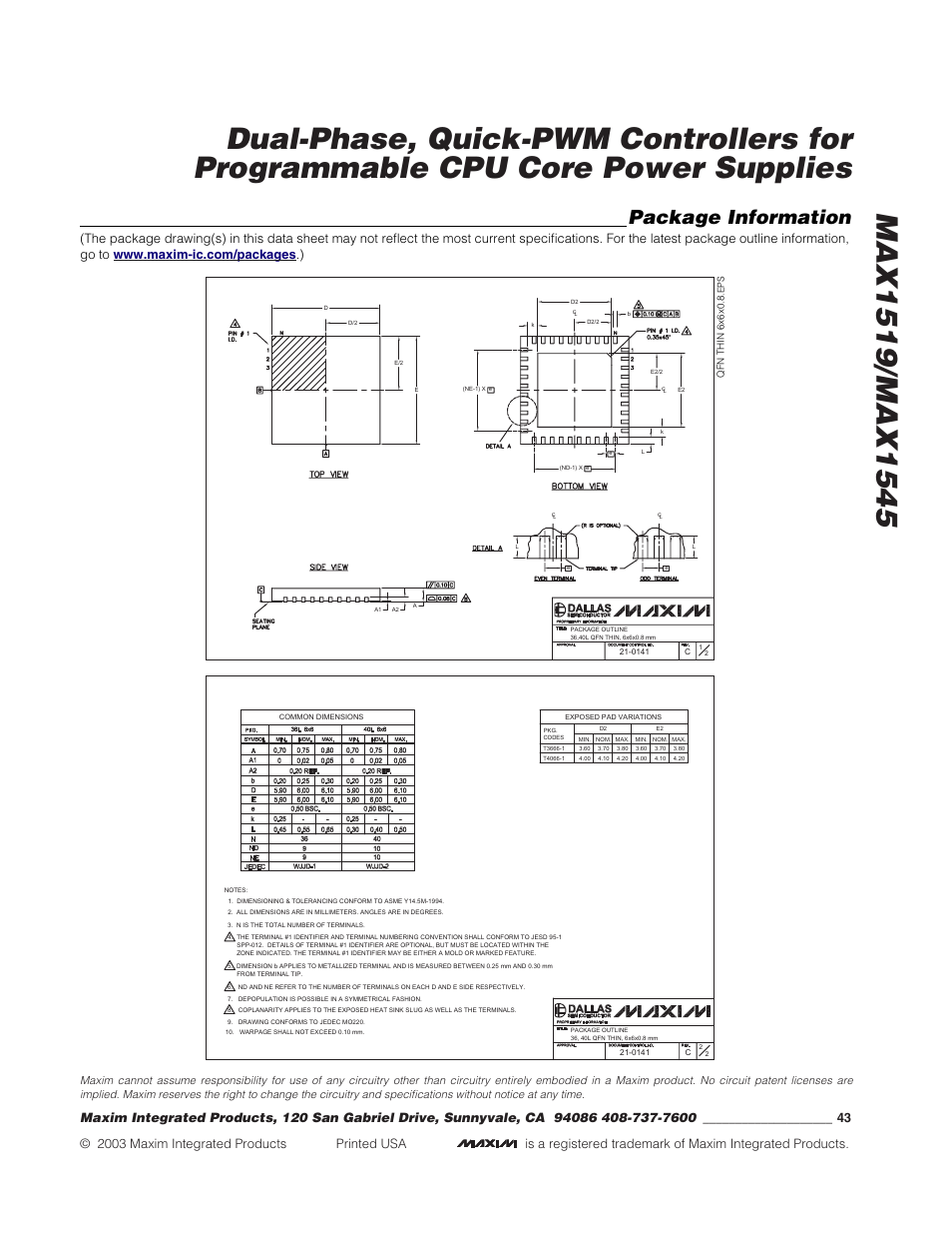 Package information | Rainbow Electronics MAX1545 User Manual | Page 43 / 43