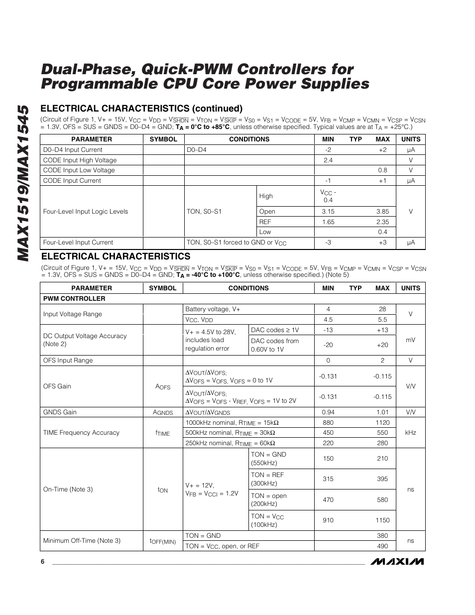 Electrical characteristics (continued), Electrical characteristics | Rainbow Electronics MAX1545 User Manual | Page 6 / 43