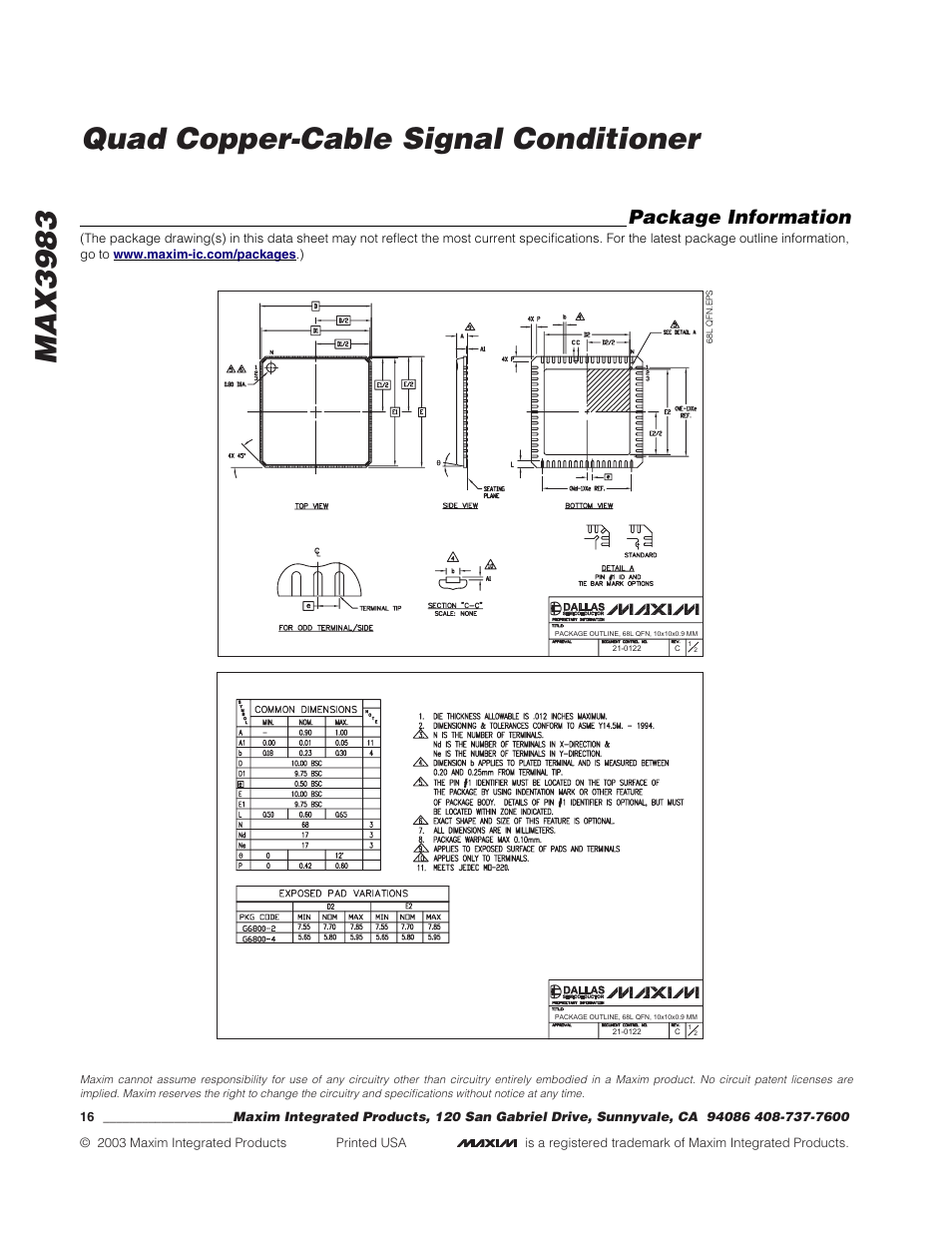 Max3983 quad copper-cable signal conditioner, Package information | Rainbow Electronics MAX3983 User Manual | Page 16 / 16
