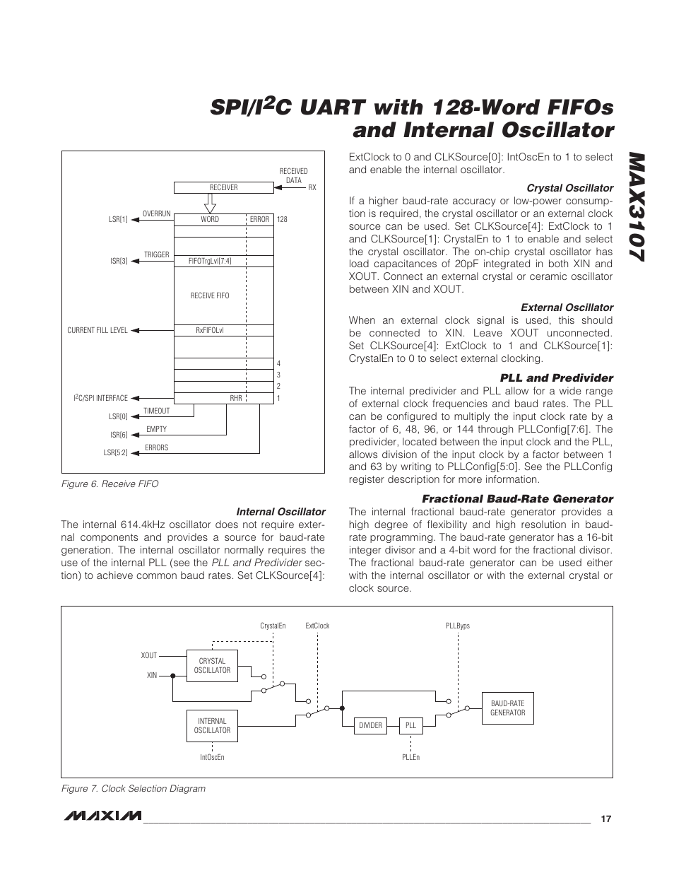 Internal oscillator, Crystal oscillator, External oscillator | Pll and predivider, Fractional baud-rate generator, Pll and predivider fractional baud-rate generator, Max3107 spi/i, C uart with 128-word fifos and internal oscillator | Rainbow Electronics MAX3107 User Manual | Page 17 / 51