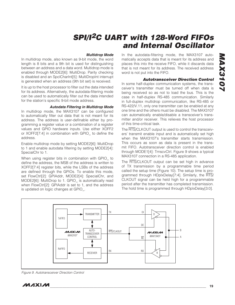 Multidrop mode, Autodata filtering in multidrop mode, Autotransceiver direction control | Figure 9. autotransceiver direction control, Max3107 spi/i, C uart with 128-word fifos and internal oscillator | Rainbow Electronics MAX3107 User Manual | Page 19 / 51