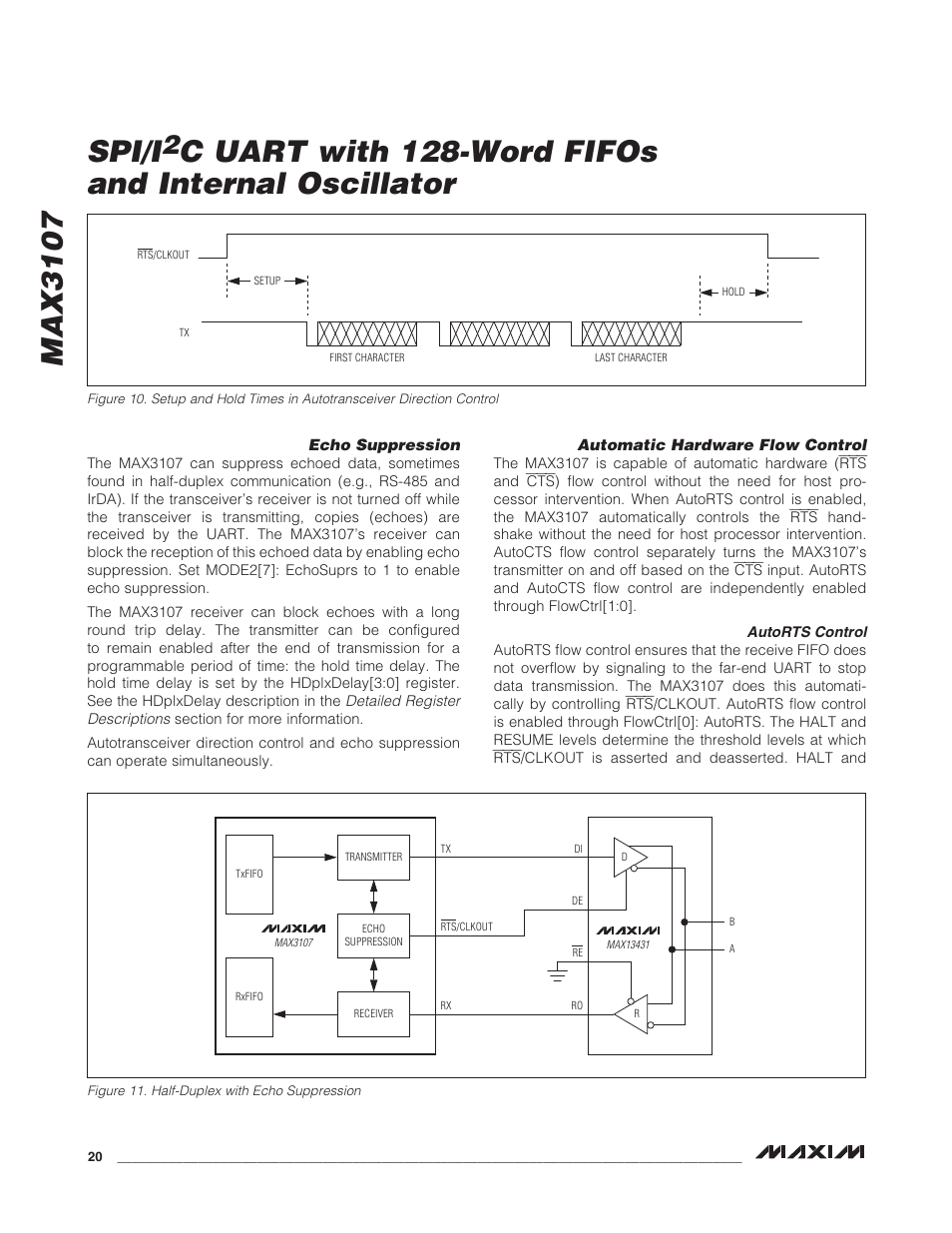 Echo suppression, Automatic hardware flow control, Autorts control | Echo suppression automatic hardware flow control, Max3107 spi/i, C uart with 128-word fifos and internal oscillator | Rainbow Electronics MAX3107 User Manual | Page 20 / 51