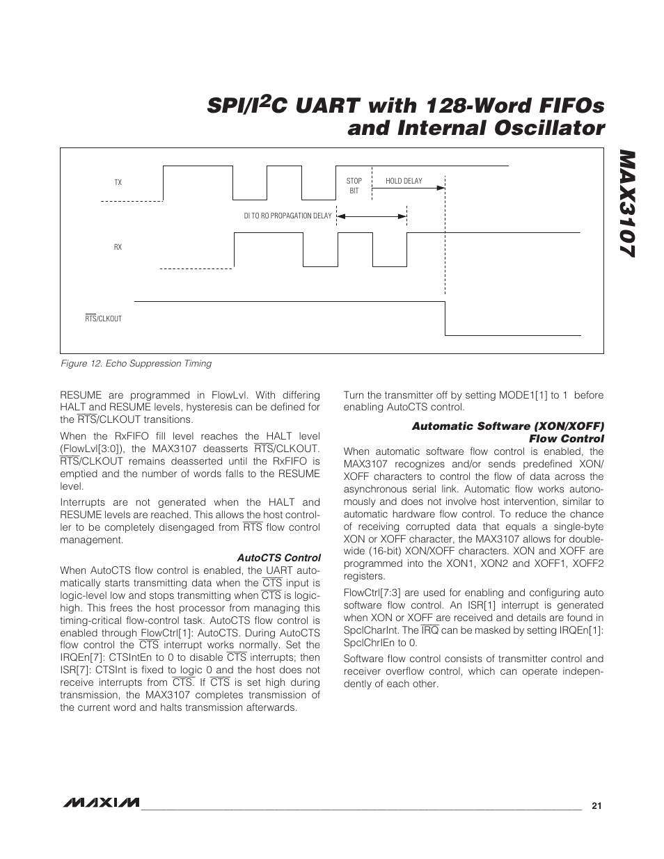 Autocts control, Automatic software (xon/xoff) flow control, Figure 12. echo suppression timing | Max3107 spi/i, C uart with 128-word fifos and internal oscillator | Rainbow Electronics MAX3107 User Manual | Page 21 / 51