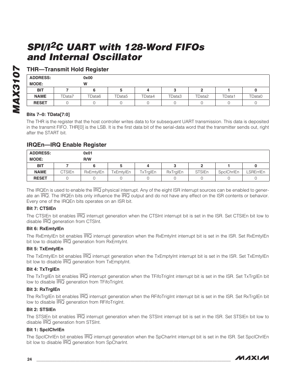Max3107 spi/i, C uart with 128-word fifos and internal oscillator | Rainbow Electronics MAX3107 User Manual | Page 24 / 51