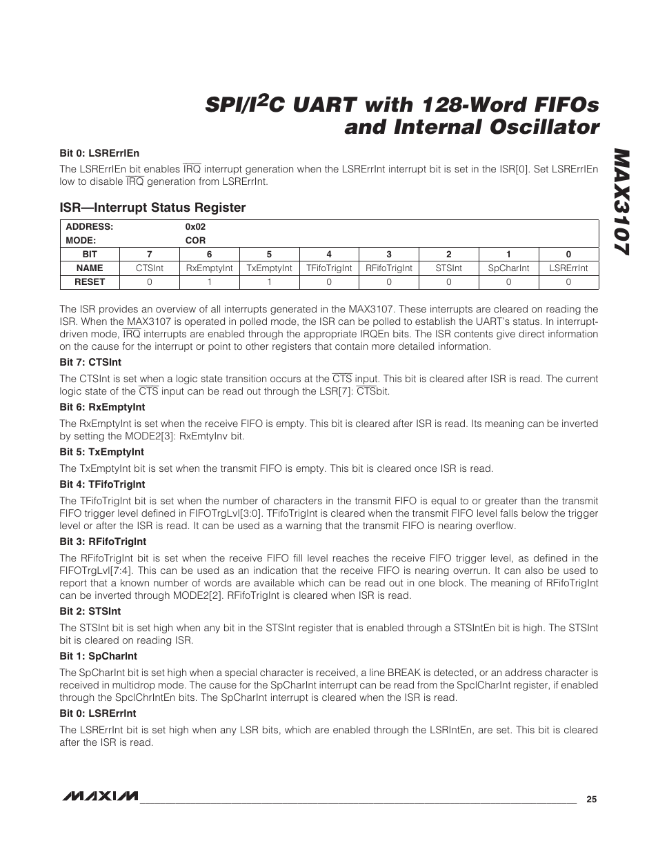 Isr—interrupt status register, Max3107 spi/i, C uart with 128-word fifos and internal oscillator | Rainbow Electronics MAX3107 User Manual | Page 25 / 51