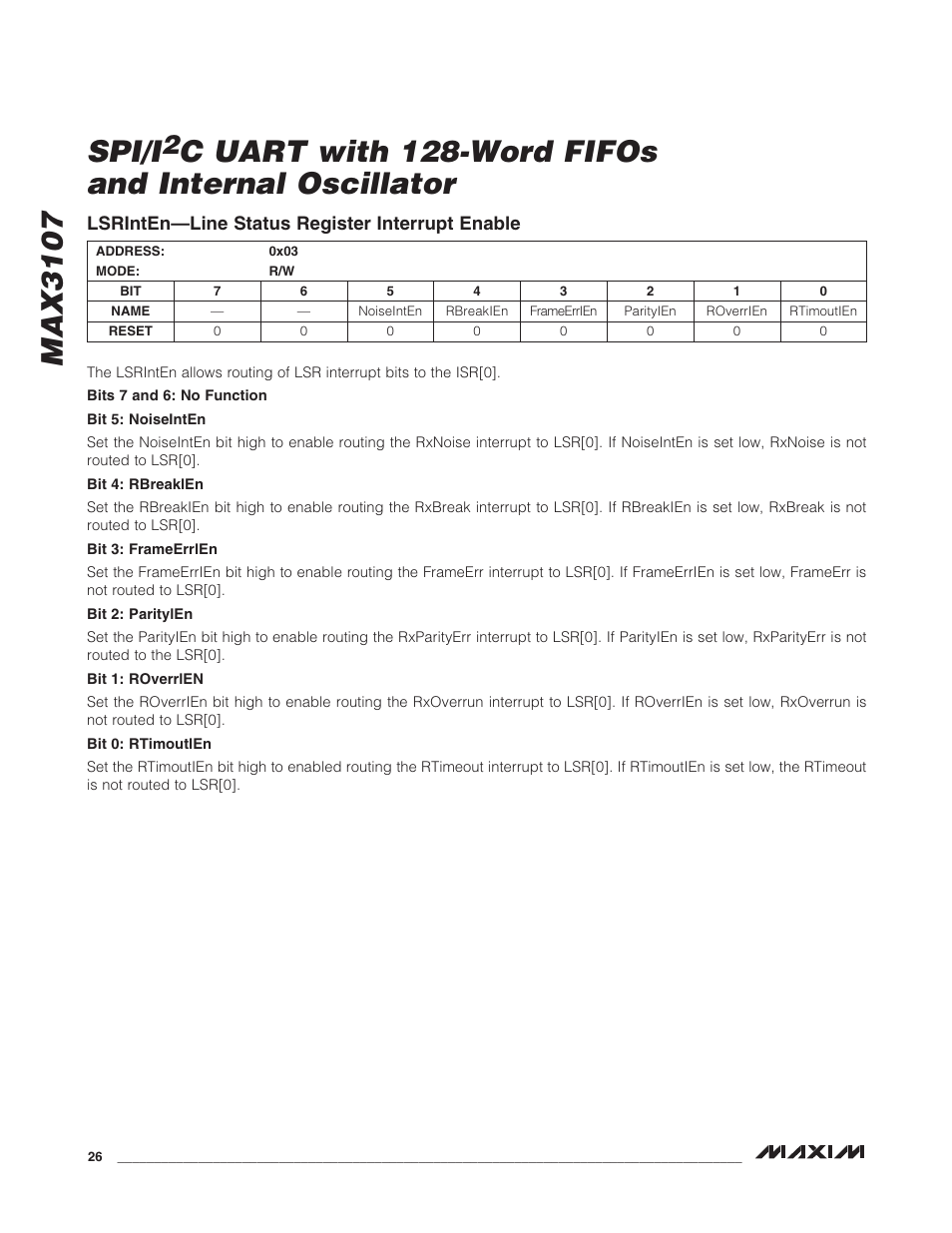 Lsrinten—line status register interrupt enable, Max3107 spi/i, C uart with 128-word fifos and internal oscillator | Rainbow Electronics MAX3107 User Manual | Page 26 / 51