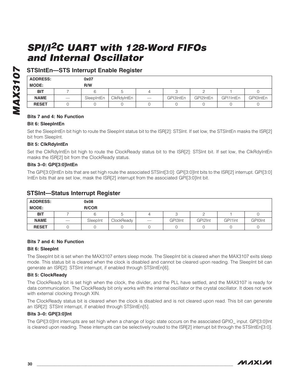 Max3107 spi/i, C uart with 128-word fifos and internal oscillator | Rainbow Electronics MAX3107 User Manual | Page 30 / 51