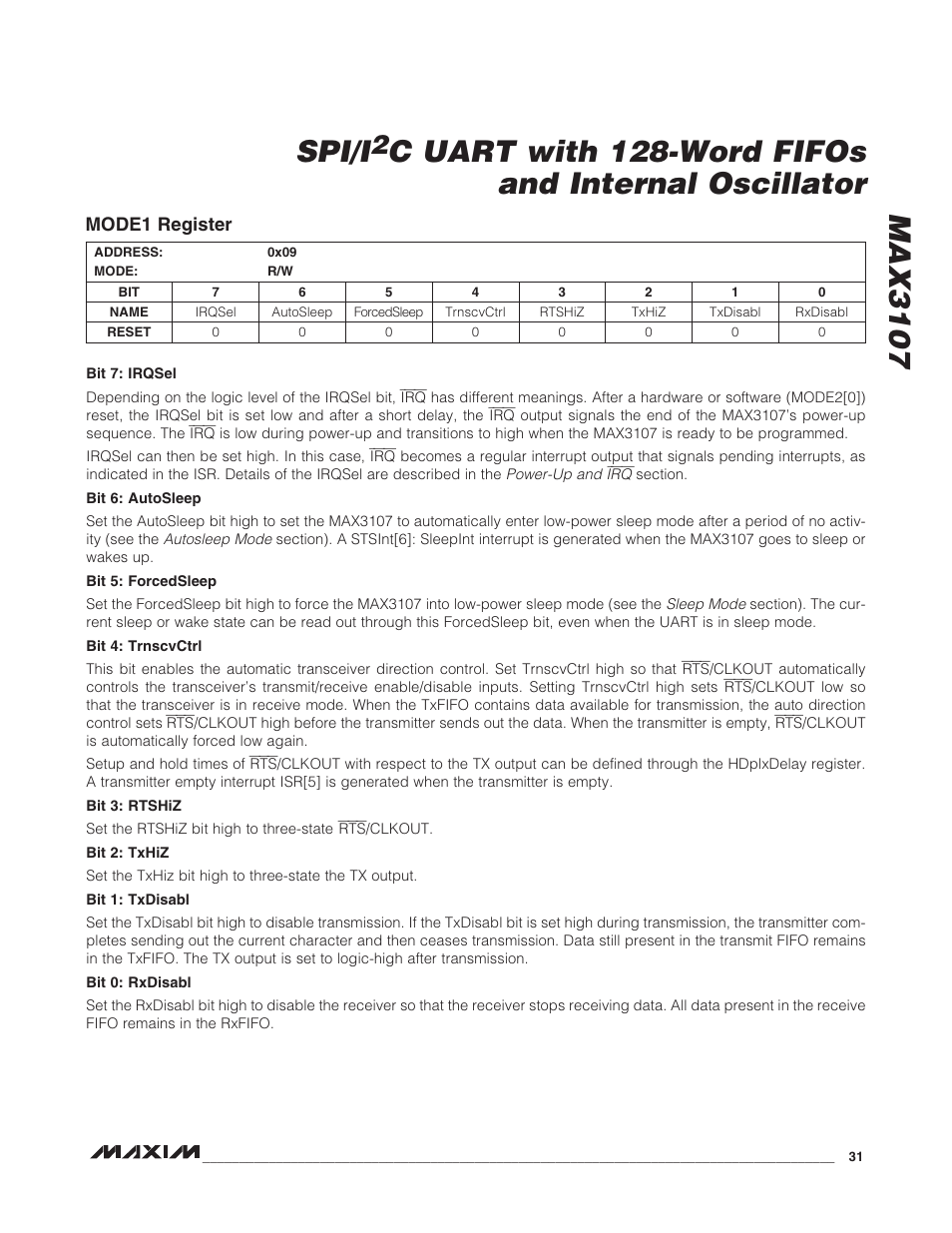 Mode1 register, Max3107 spi/i, C uart with 128-word fifos and internal oscillator | Rainbow Electronics MAX3107 User Manual | Page 31 / 51