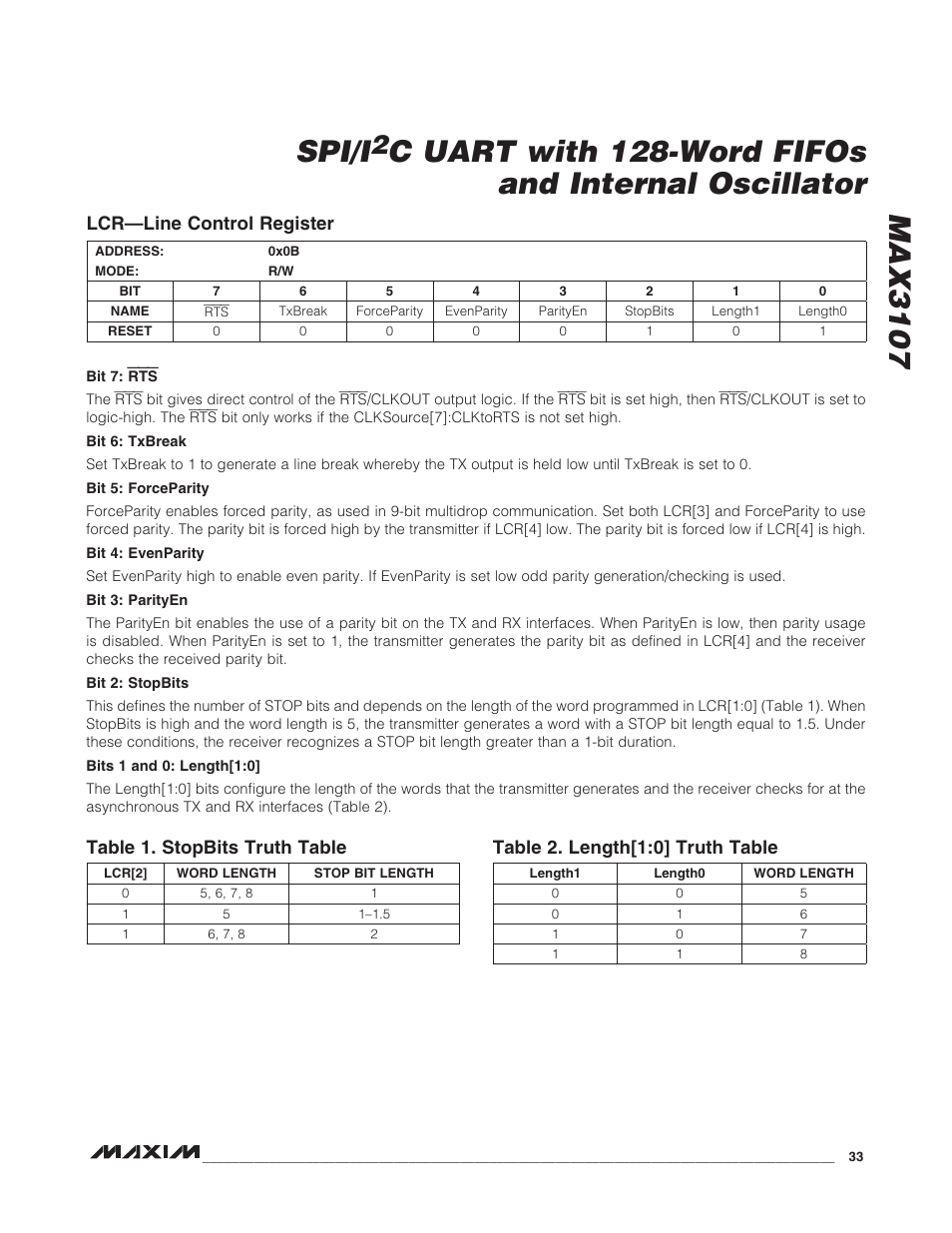 Lcr—line control register, Max3107 spi/i, C uart with 128-word fifos and internal oscillator | Rainbow Electronics MAX3107 User Manual | Page 33 / 51