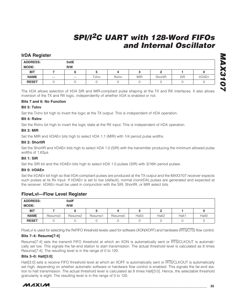 Irda register flowlvl—flow level register, Max3107 spi/i, C uart with 128-word fifos and internal oscillator | Rainbow Electronics MAX3107 User Manual | Page 35 / 51