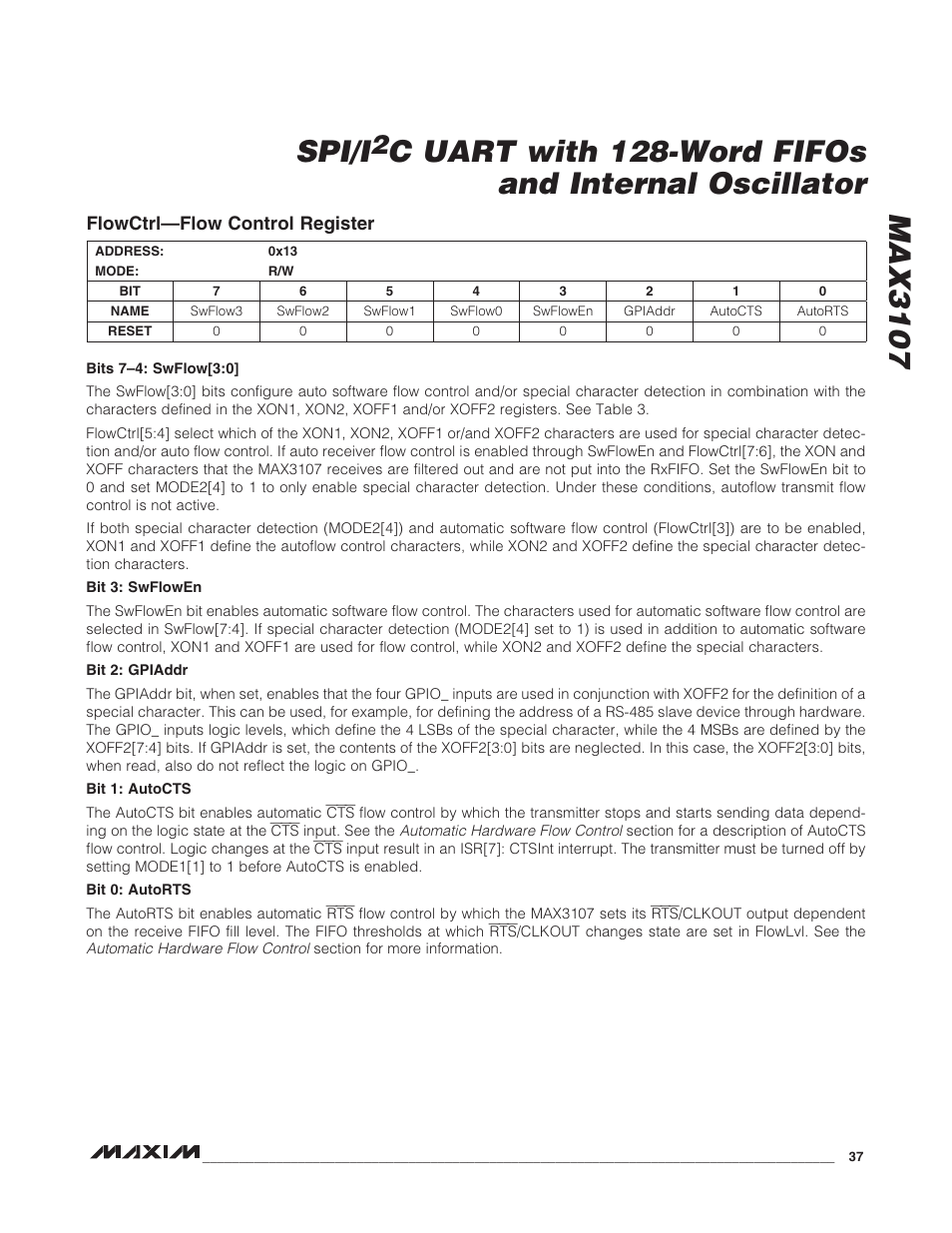 Flowctrl—flow control register, Max3107 spi/i, C uart with 128-word fifos and internal oscillator | Rainbow Electronics MAX3107 User Manual | Page 37 / 51