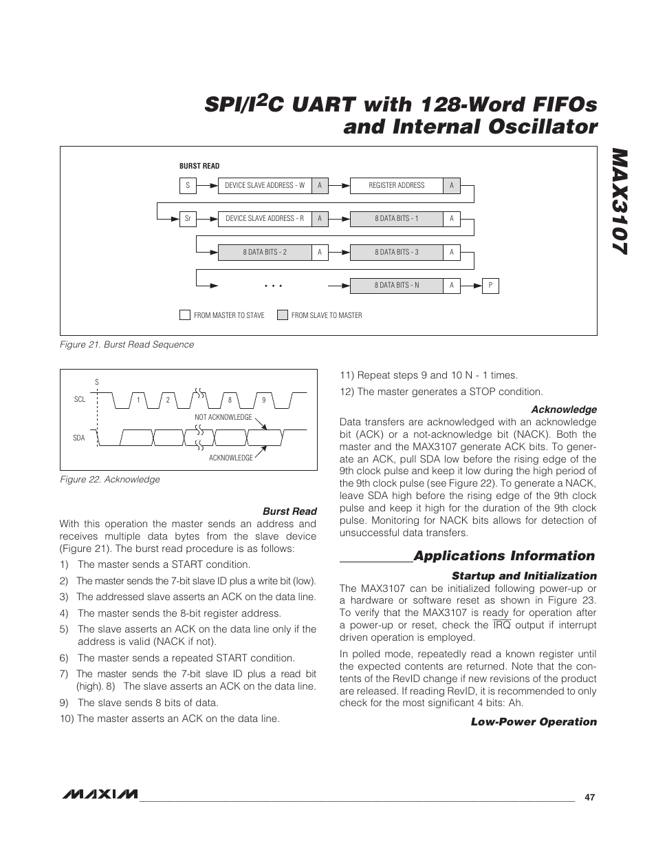 Burst read, Acknowledge, Applications information | Startup and initialization, Low-power operation, Burst read acknowledge, Startup and initialization low-power operation, Max3107 spi/i, C uart with 128-word fifos and internal oscillator | Rainbow Electronics MAX3107 User Manual | Page 47 / 51