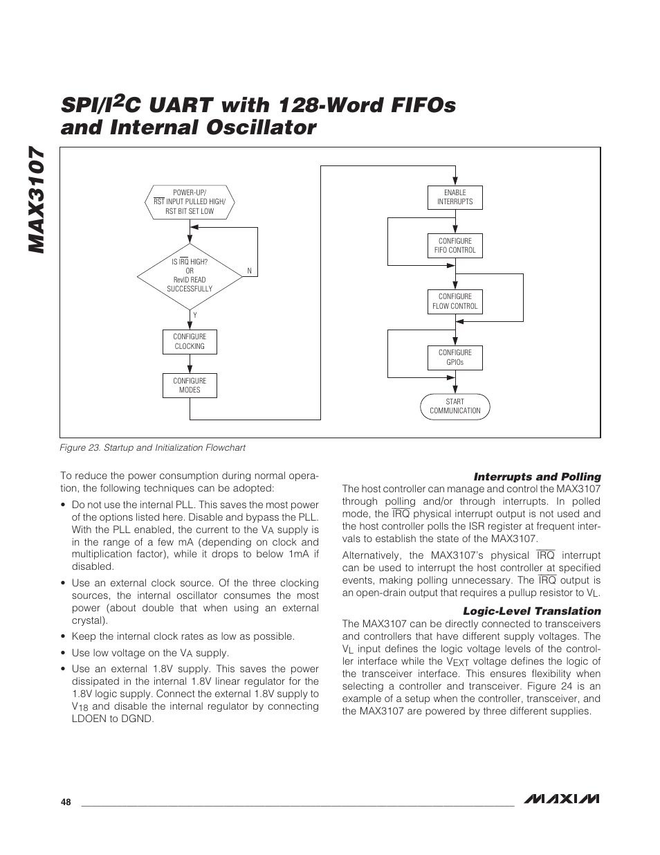 Interrupts and polling, Logic-level translation, Interrupts and polling logic-level translation | Figure 23. startup and initialization flowchart, Max3107 spi/i, C uart with 128-word fifos and internal oscillator | Rainbow Electronics MAX3107 User Manual | Page 48 / 51