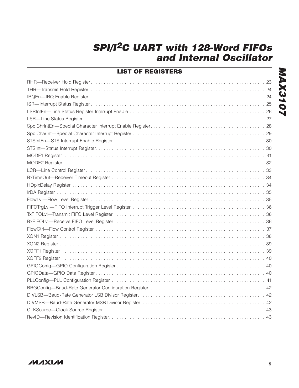 Max3107 spi/i, C uart with 128-word fifos and internal oscillator | Rainbow Electronics MAX3107 User Manual | Page 5 / 51