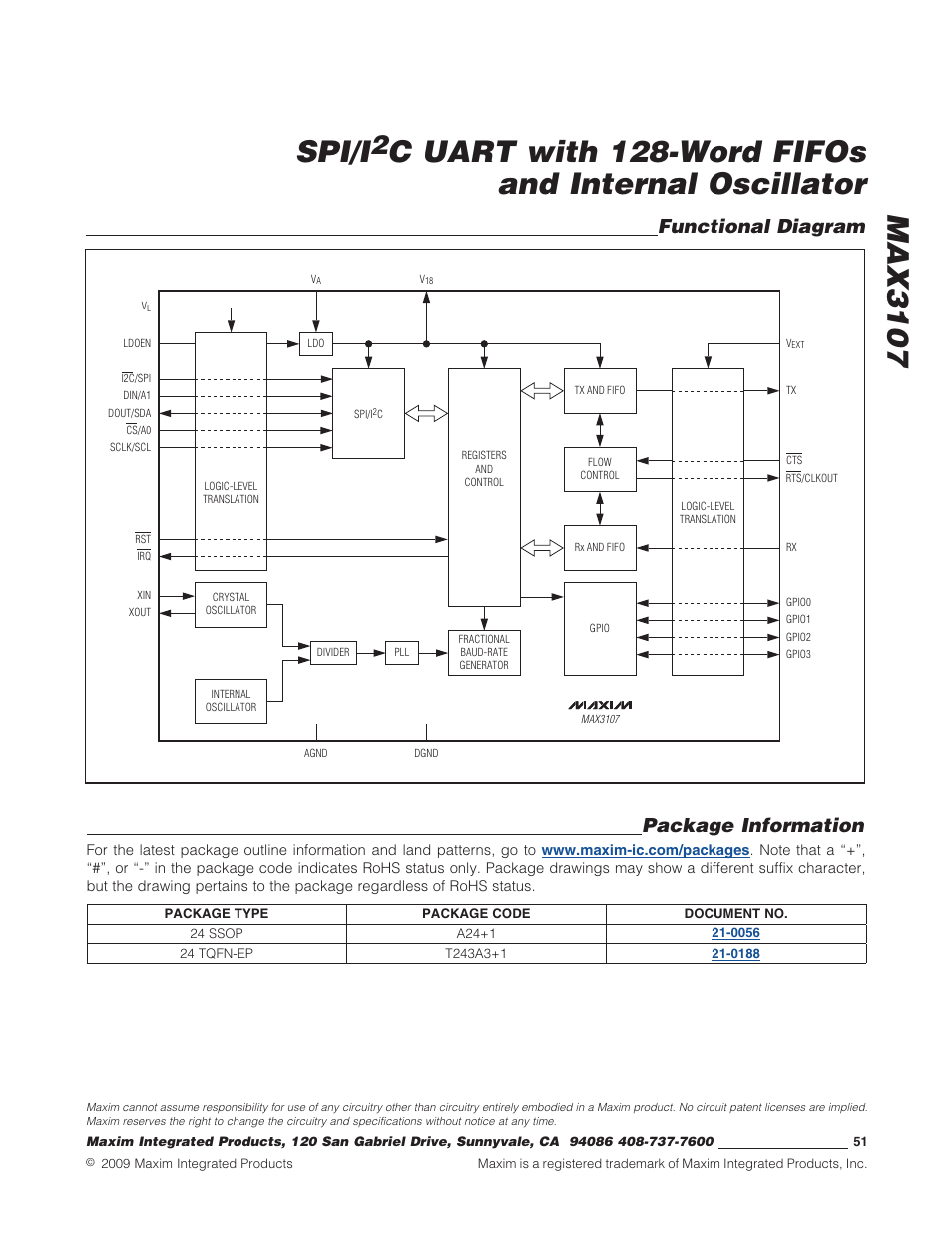 Functional diagram, Package information, Functional diagram package information | Max3107 spi/i, C uart with 128-word fifos and internal oscillator | Rainbow Electronics MAX3107 User Manual | Page 51 / 51