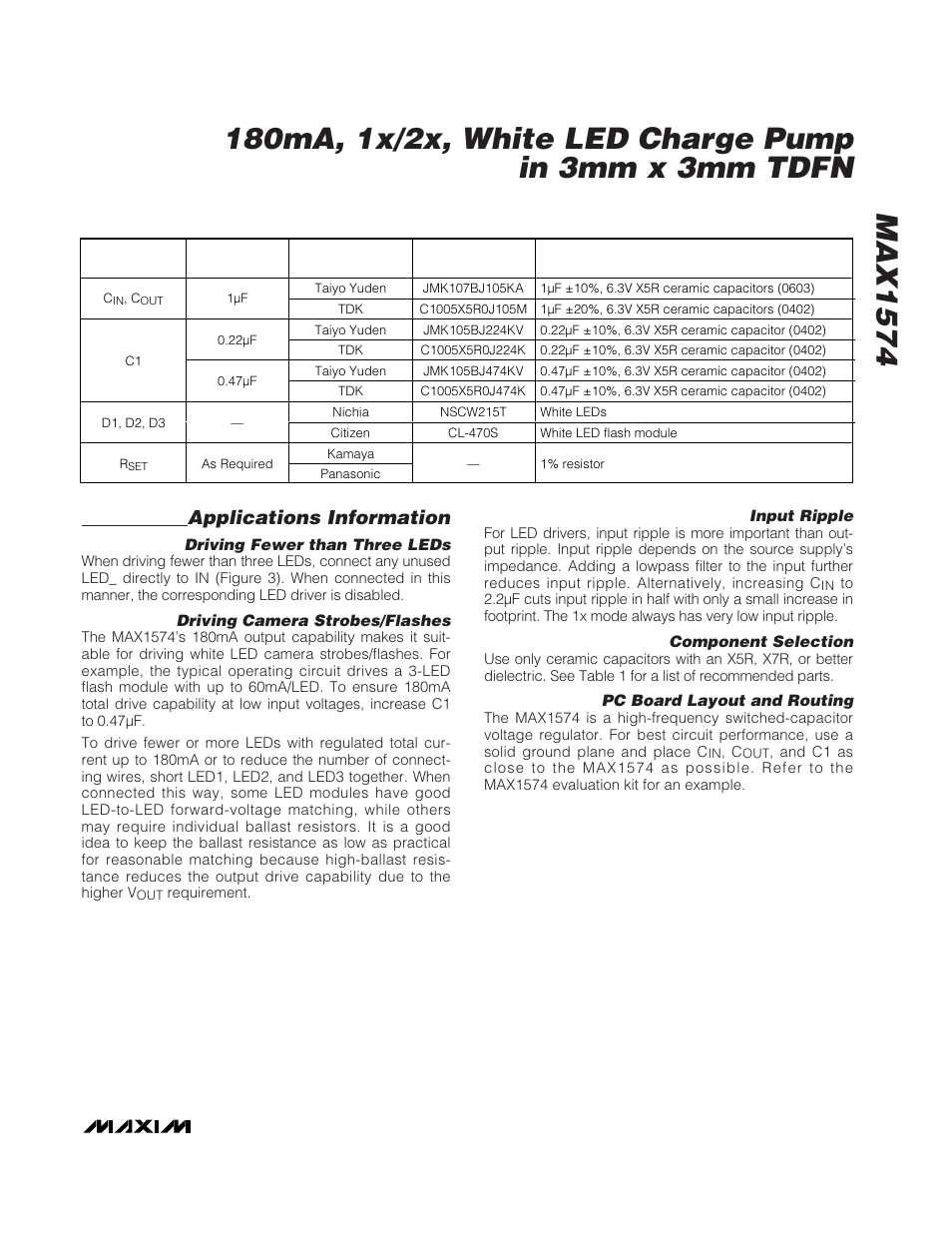 Applications information, Table 1. recommended components | Rainbow Electronics MAX1574 User Manual | Page 7 / 9