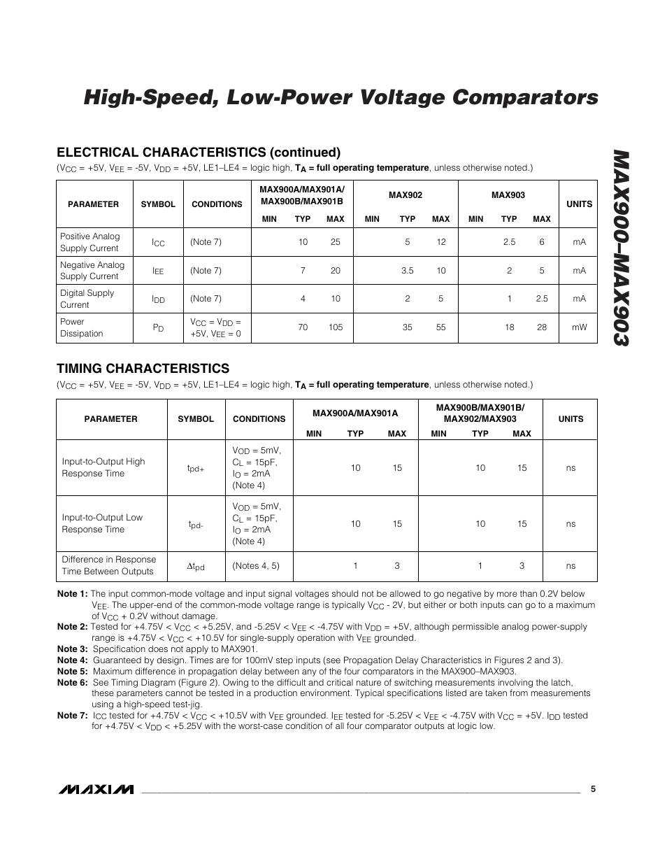 Electrical characteristics (continued), Timing characteristics | Rainbow Electronics MAX903 User Manual | Page 5 / 12