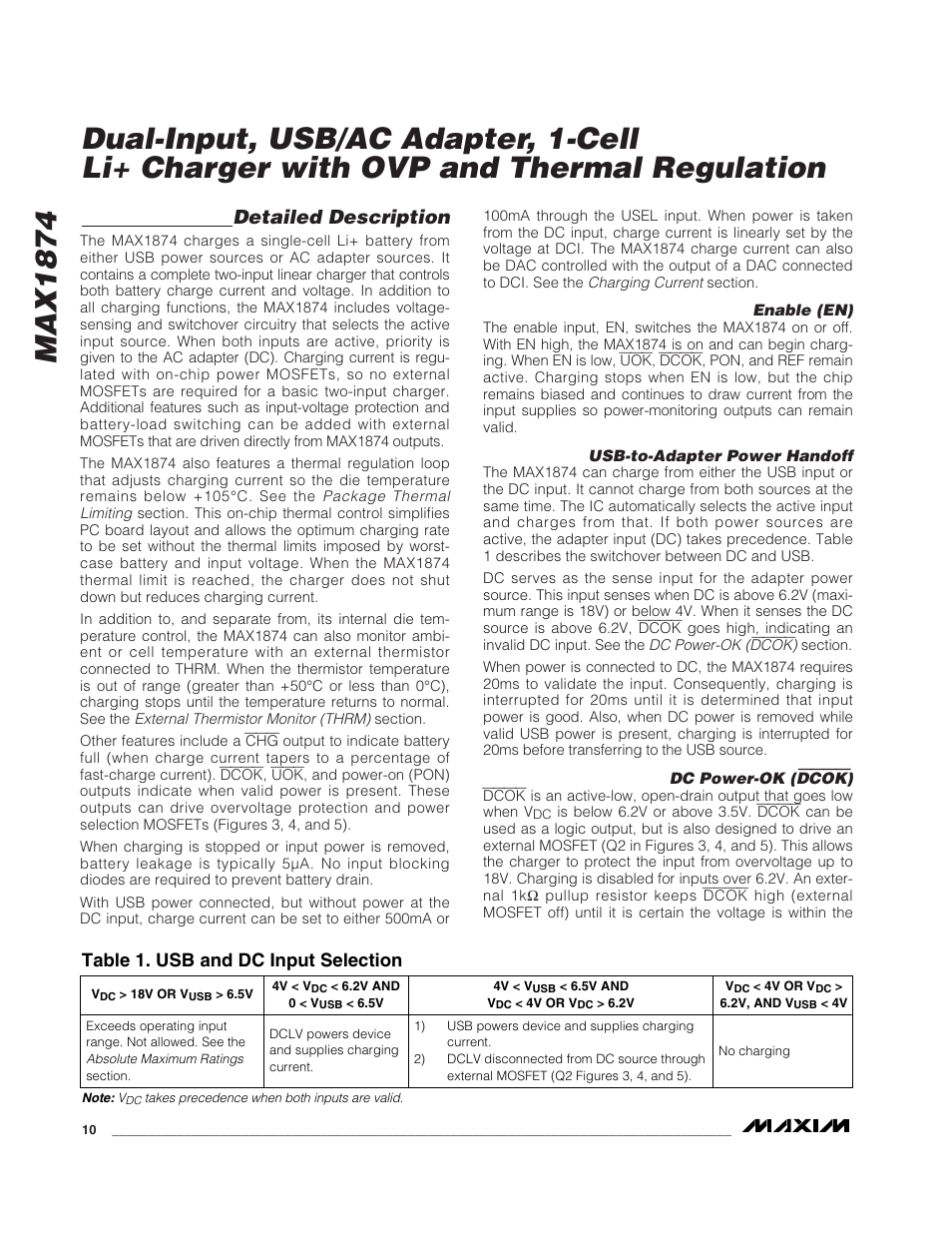 Max1874, Detailed description, Table 1. usb and dc input selection | Rainbow Electronics MAX1874 User Manual | Page 10 / 16