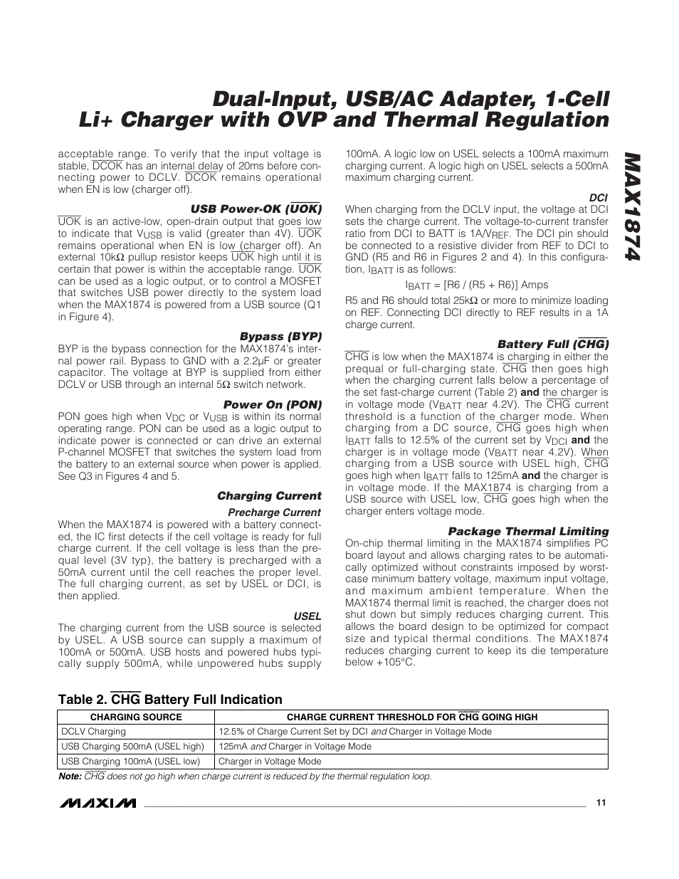 Table 2. chg battery full indication | Rainbow Electronics MAX1874 User Manual | Page 11 / 16