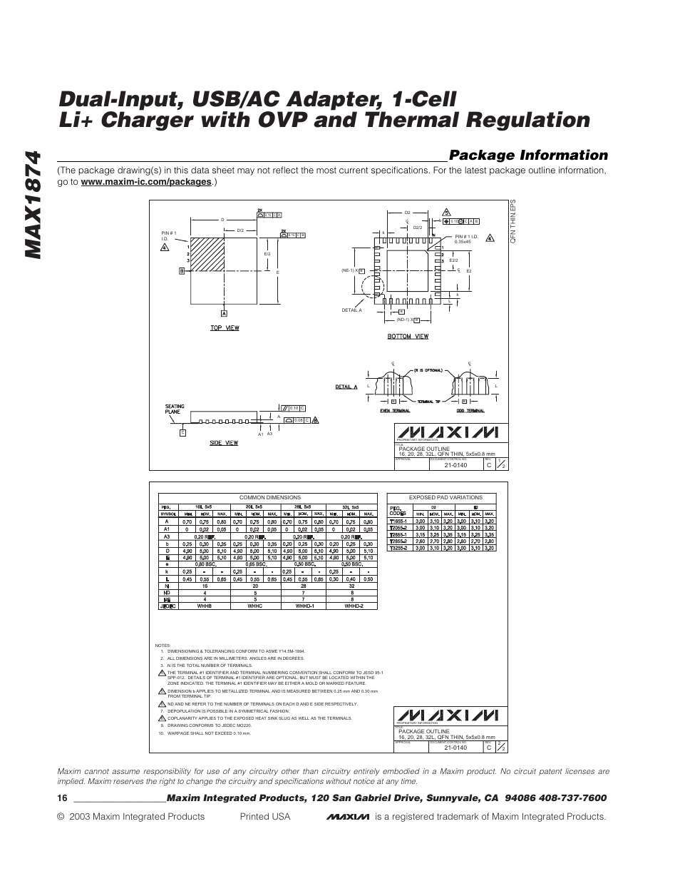 Package information | Rainbow Electronics MAX1874 User Manual | Page 16 / 16