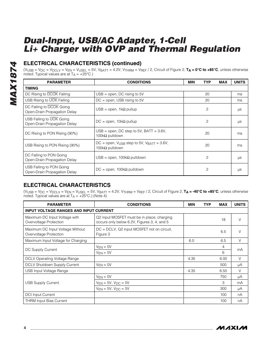 Electrical characteristics (continued), Electrical characteristics | Rainbow Electronics MAX1874 User Manual | Page 4 / 16