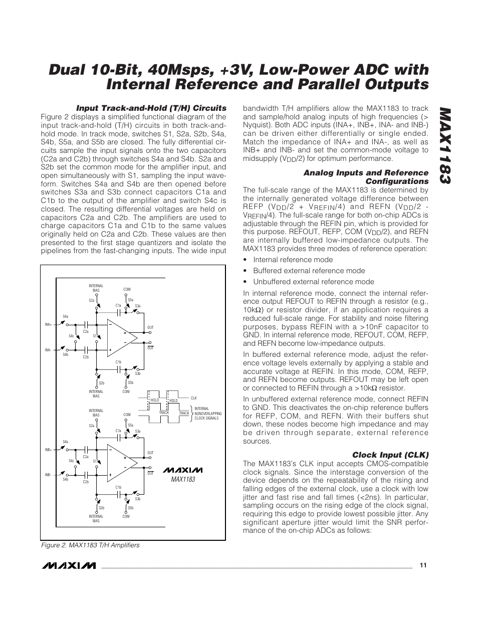Input track-and-hold (t/h) circuits, Analog inputs and reference configurations, Clock input (clk) | 2) for optimum performance, 2 + v, 4) and refn (v, 2 - v | Rainbow Electronics MAX1183 User Manual | Page 11 / 18