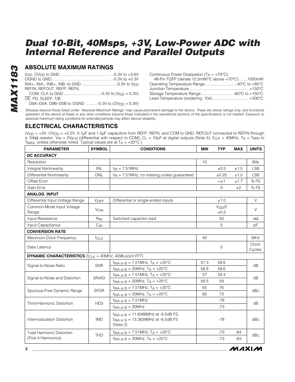 Rainbow Electronics MAX1183 User Manual | Page 2 / 18
