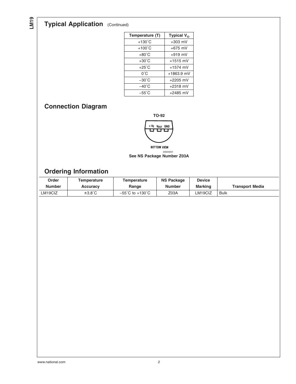 Connection diagram, Ordering information, Typical application | Rainbow Electronics LM19 User Manual | Page 2 / 8