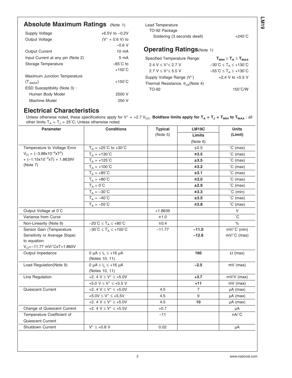 Absolute maximum ratings, Operating ratings, Electrical characteristics | Lm19 | Rainbow Electronics LM19 User Manual | Page 3 / 8