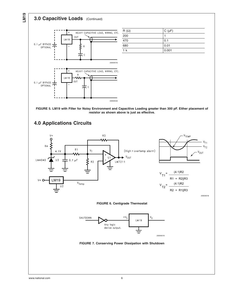 0 applications circuits, Figure 6. centigrade thermostat, Figure 5 | 0 capacitive loads | Rainbow Electronics LM19 User Manual | Page 6 / 8