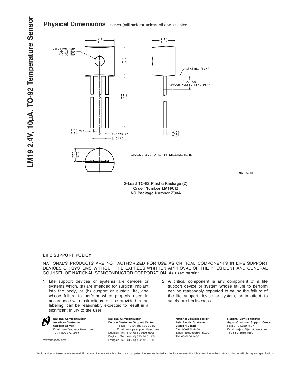 Physical dimensions | Rainbow Electronics LM19 User Manual | Page 8 / 8