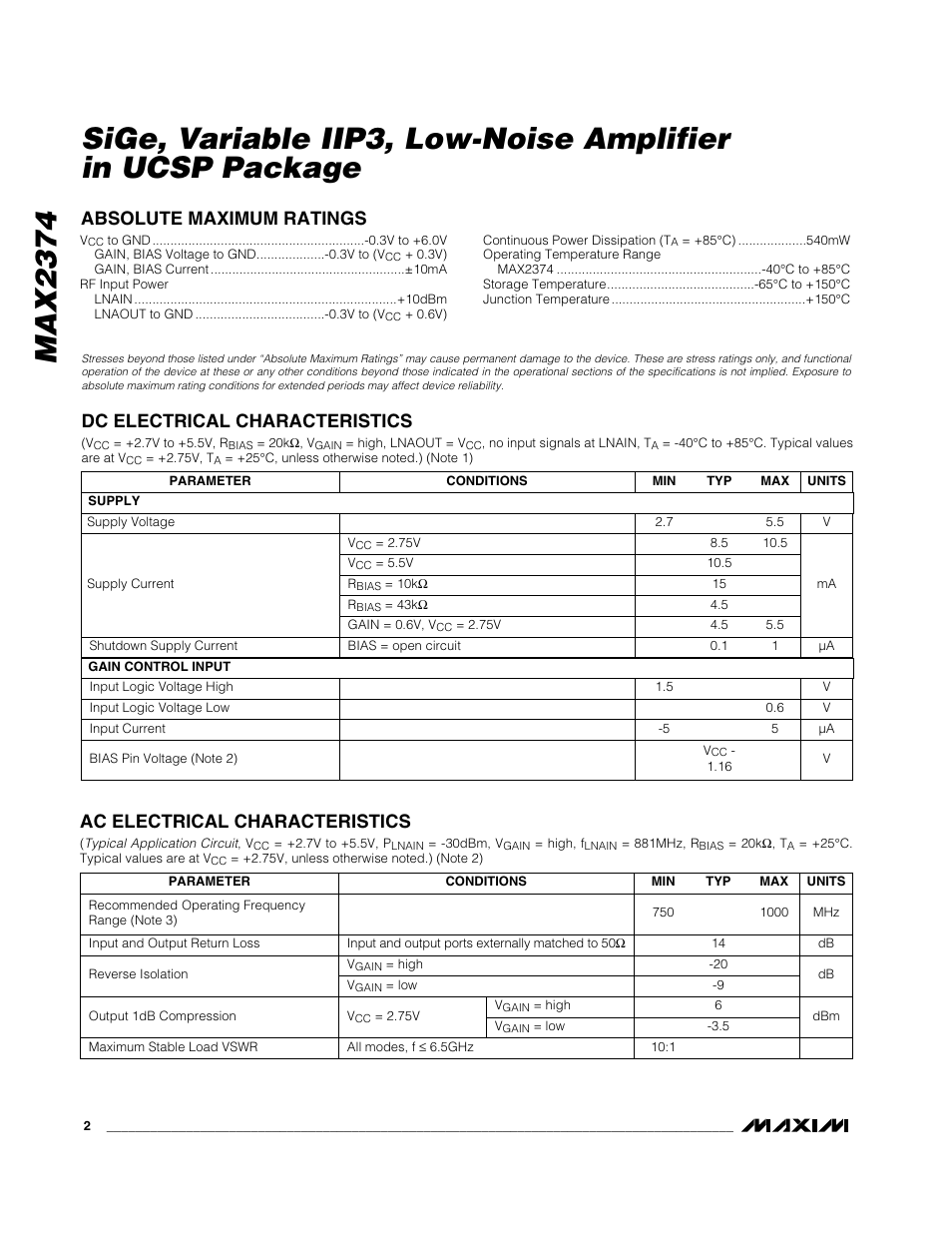 Ac electrical characteristics | Rainbow Electronics MAX2374 User Manual | Page 2 / 8