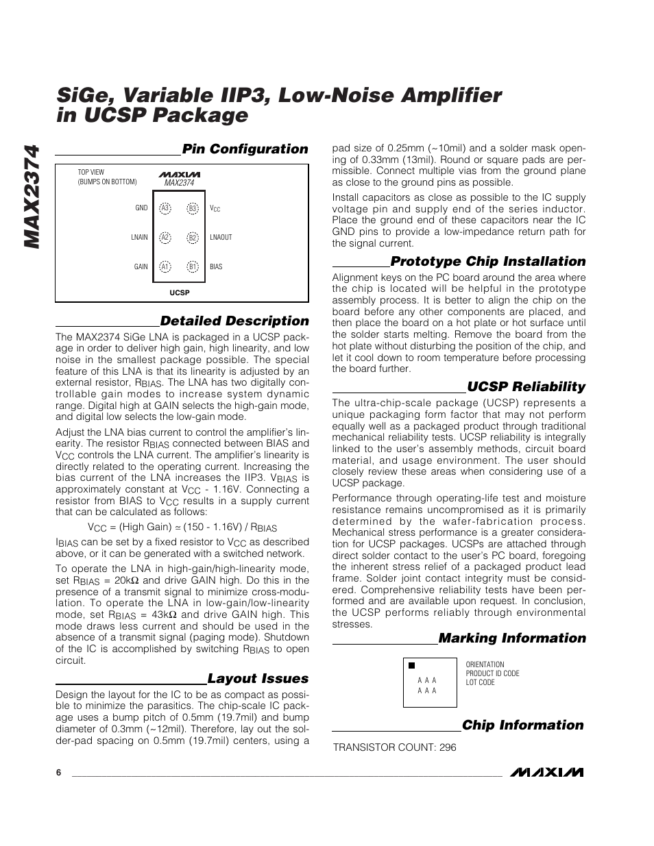 Detailed description, Layout issues, Prototype chip installation | Ucsp reliability, Marking information, Pin configuration, Chip information | Rainbow Electronics MAX2374 User Manual | Page 6 / 8