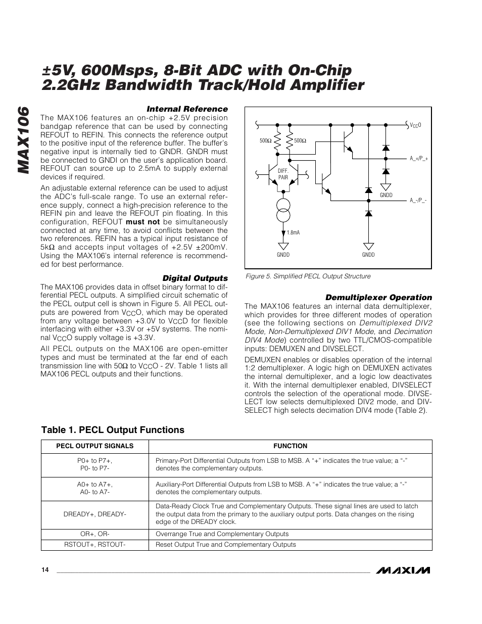 Table 1. pecl output functions | Rainbow Electronics MAX106 User Manual | Page 14 / 31