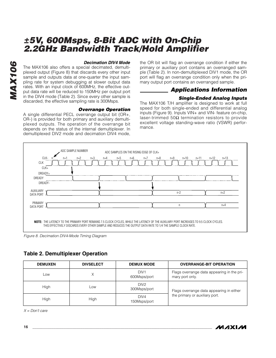 Applications information, Table 2. demultiplexer operation | Rainbow Electronics MAX106 User Manual | Page 16 / 31