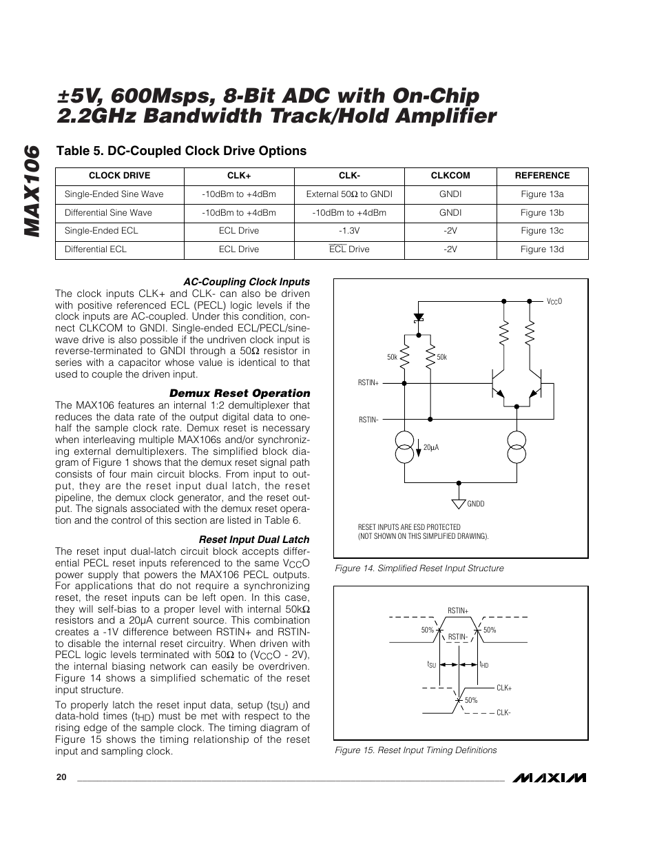 Table 5. dc-coupled clock drive options | Rainbow Electronics MAX106 User Manual | Page 20 / 31