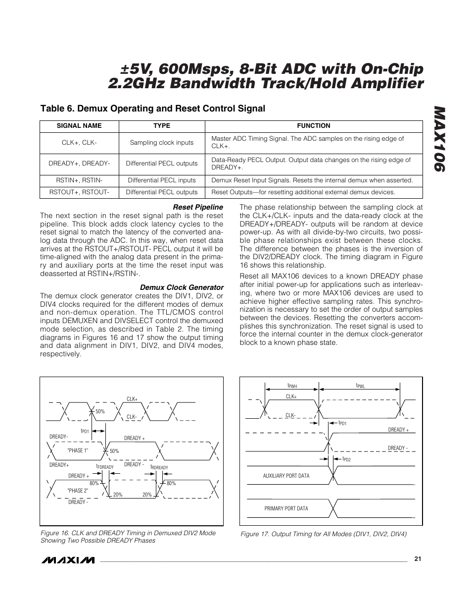 Table 6. demux operating and reset control signal | Rainbow Electronics MAX106 User Manual | Page 21 / 31