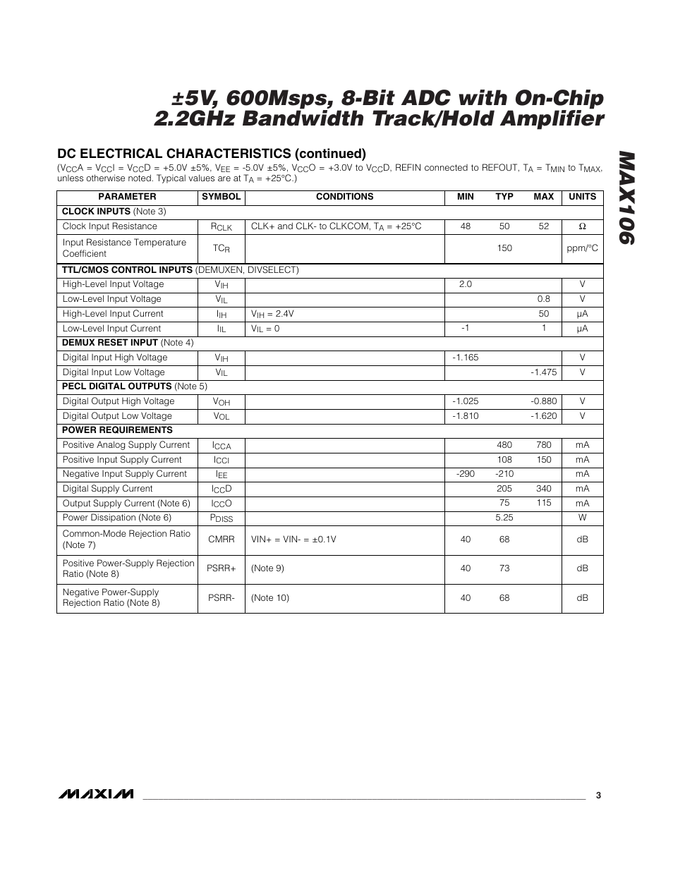 Dc electrical characteristics (continued) | Rainbow Electronics MAX106 User Manual | Page 3 / 31